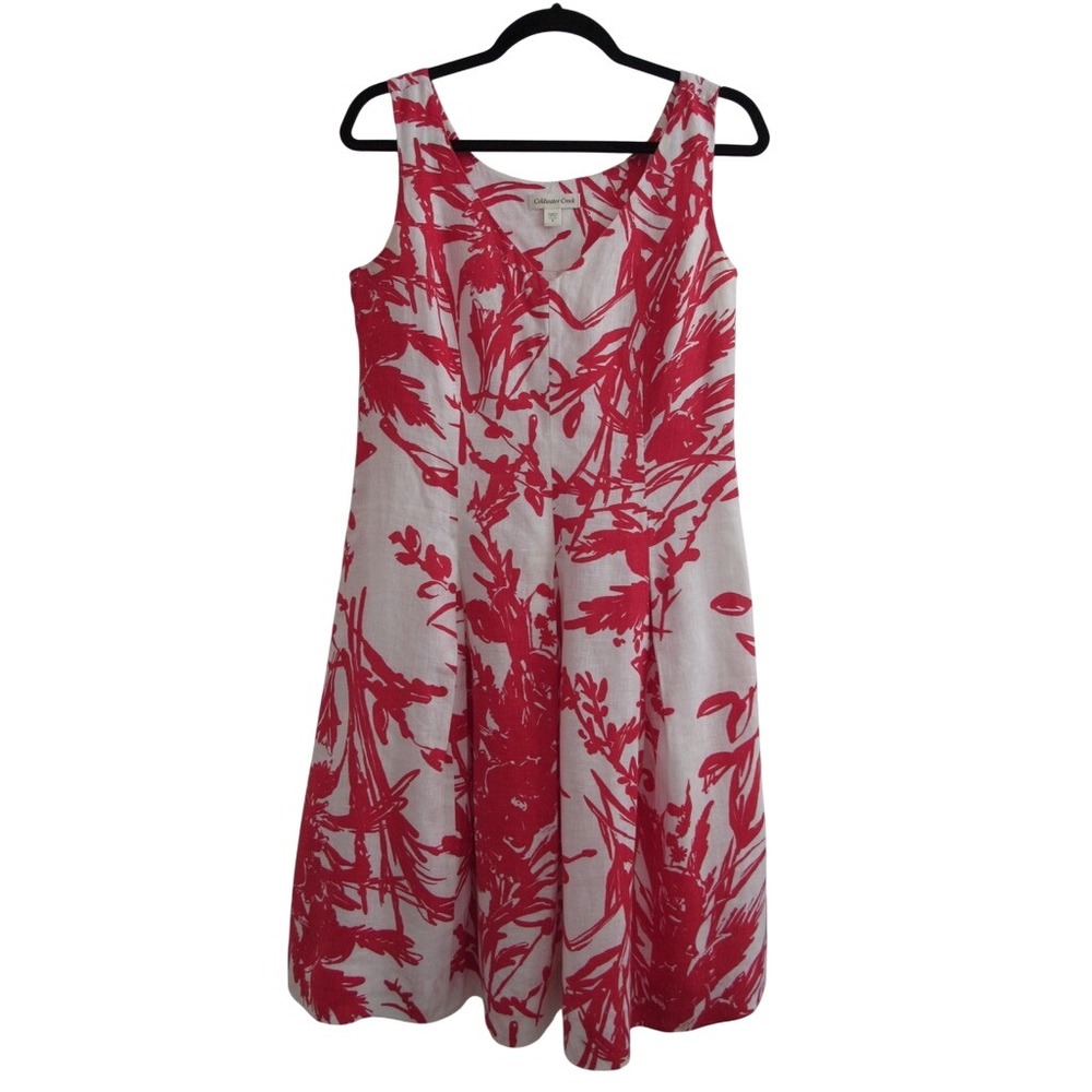 Coldwater‎ Creek Dress Women's 6 Red & White Linen Floral Fit & Flare